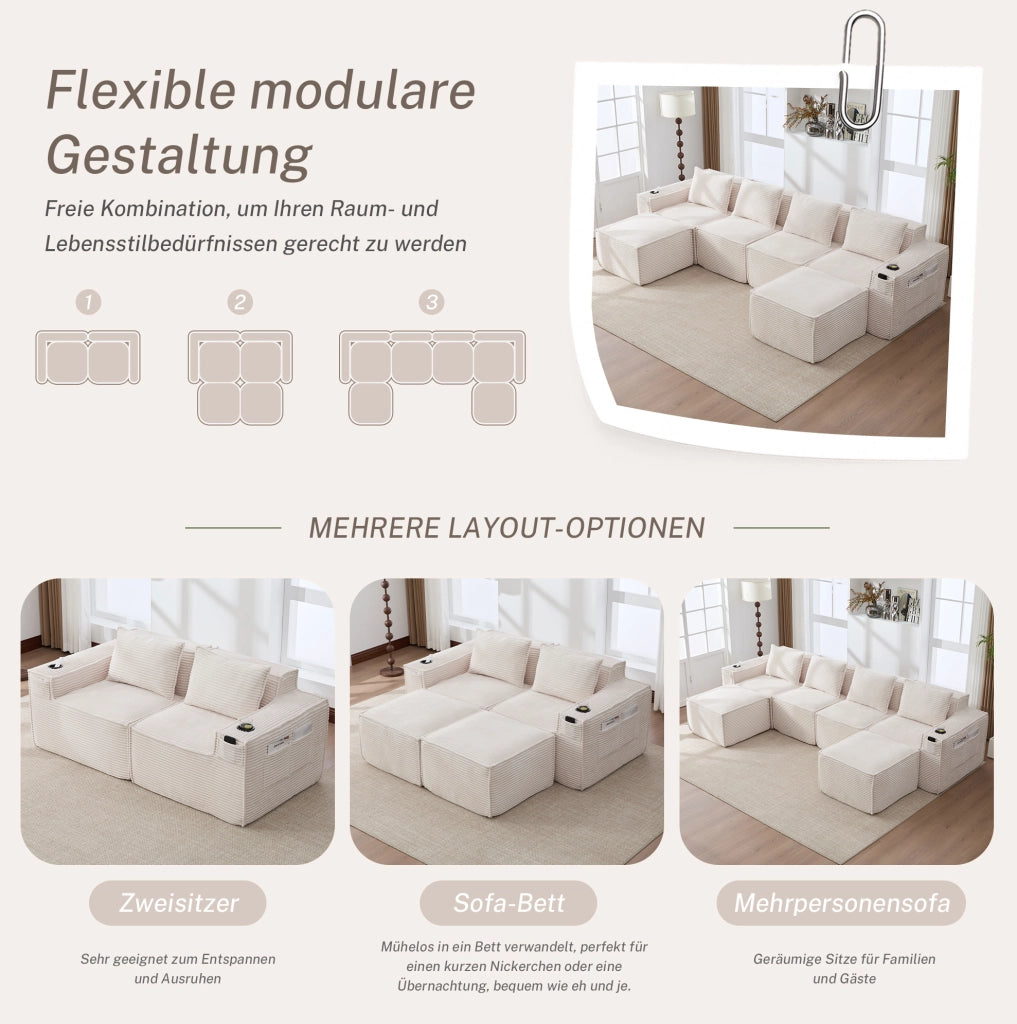 Divano modulare beige in velluto a coste con pouf e portabicchieri