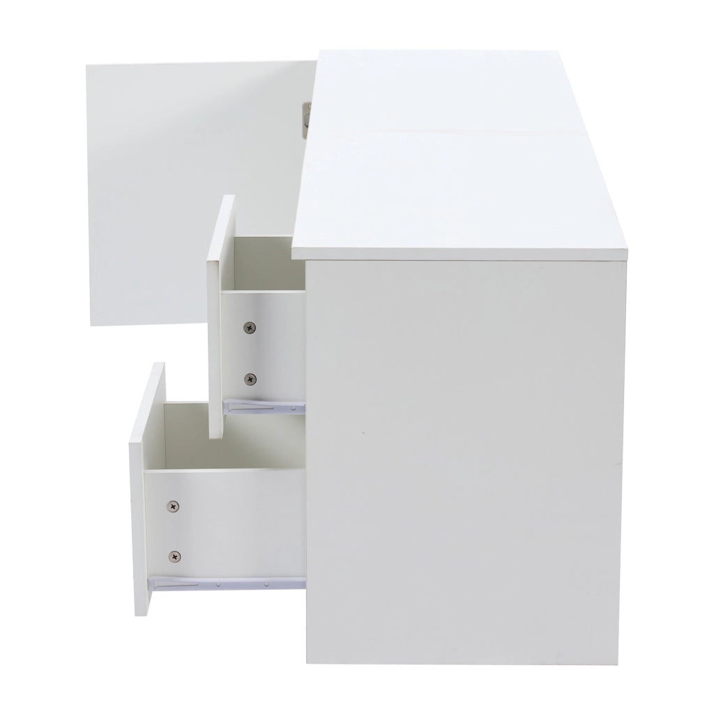 Mobile TV 160 x 40 x 52 cm, 2 cassetti + 1 ribalta, vetro temperato, LED USB, bianco, per TV 65"