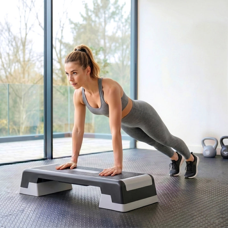Pedana step regolabile in altezza, stepper aerobico fitness con 3 livelli (15/20/25 cm), tappetino antiscivolo, nero e grigio