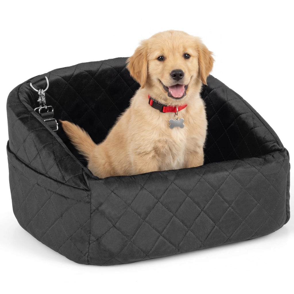 Trasportino auto per cani con cuscino corde di fissaggio tasche, Seggiolino per cani di piccole e medie taglie Nero