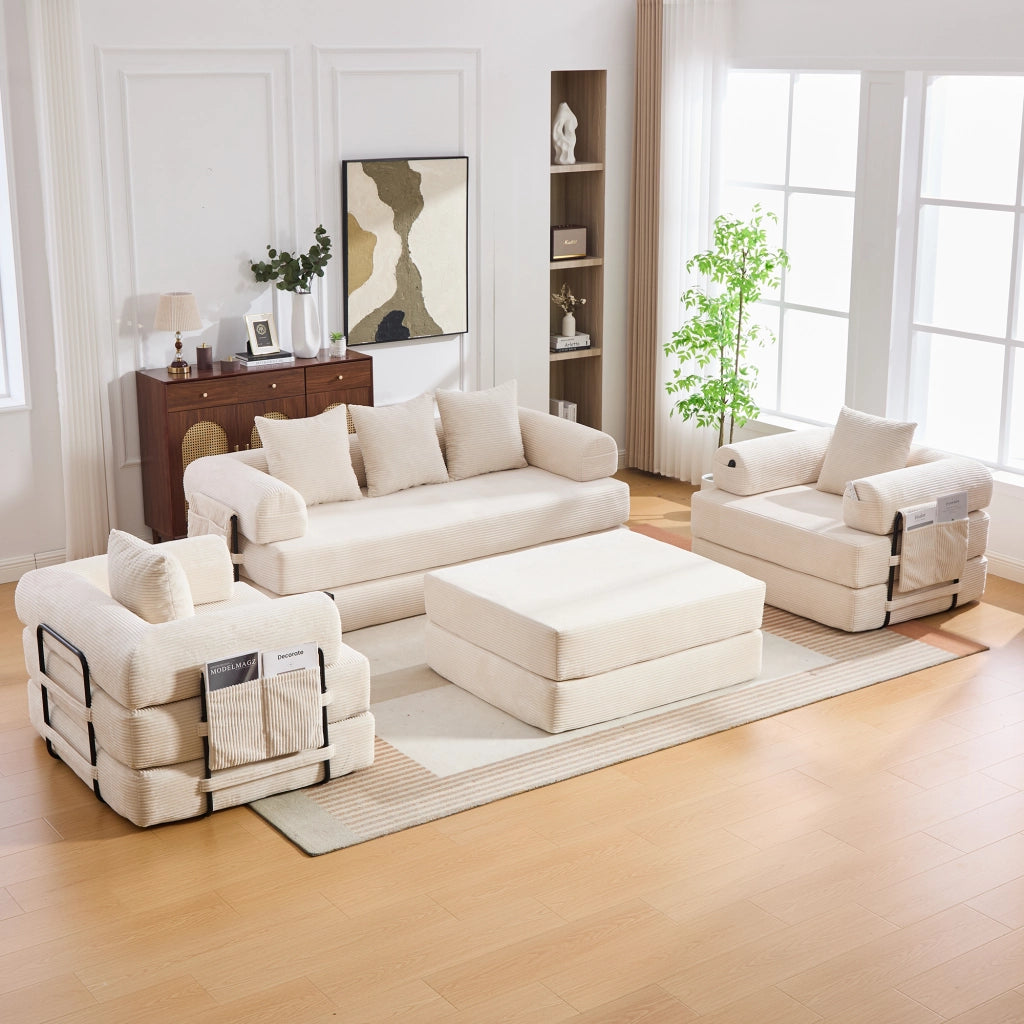 Divano modulare 4 posti con tasca laterale e cuscini in velluto a coste beige