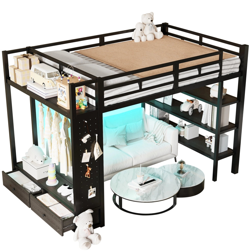 Letto a soppalco 140x200 cm con armadio aperto e LED in MDF e metallo nero