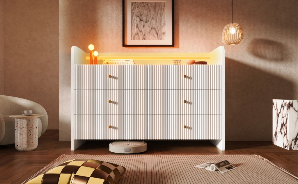 Mobile contenitore bianco con 6 cassetti, illuminazione LED e design a onde, 120x40x75 cm