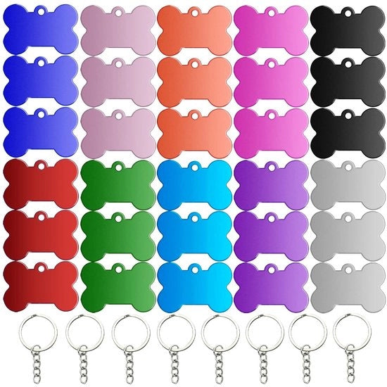 Penne per cani in alluminio da 30 pezzi bianche dimensioni 2,5 x 3,8 cm penne per cani acqua resistenti adatte per cani e gatti da assegnare ai propri animali domestici.