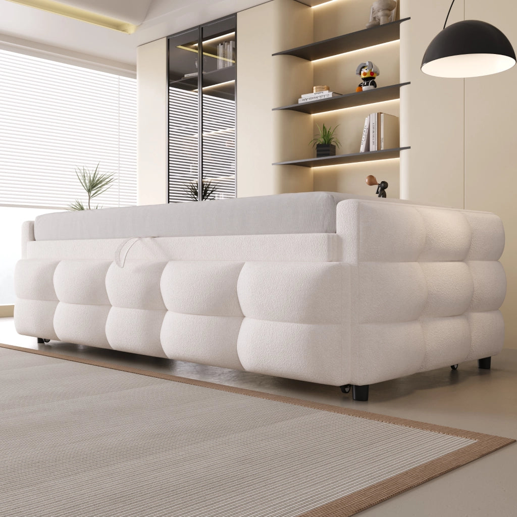 Letto imbottito estraibile 90/180 x 190 cm con rete a doghe; tessuto teddy beige; divano letto salvaspazio