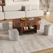 Tavolino da salotto ovale con contenitore; set con pouf in tessuto; 120 x 60 x 51;5 cm; noce