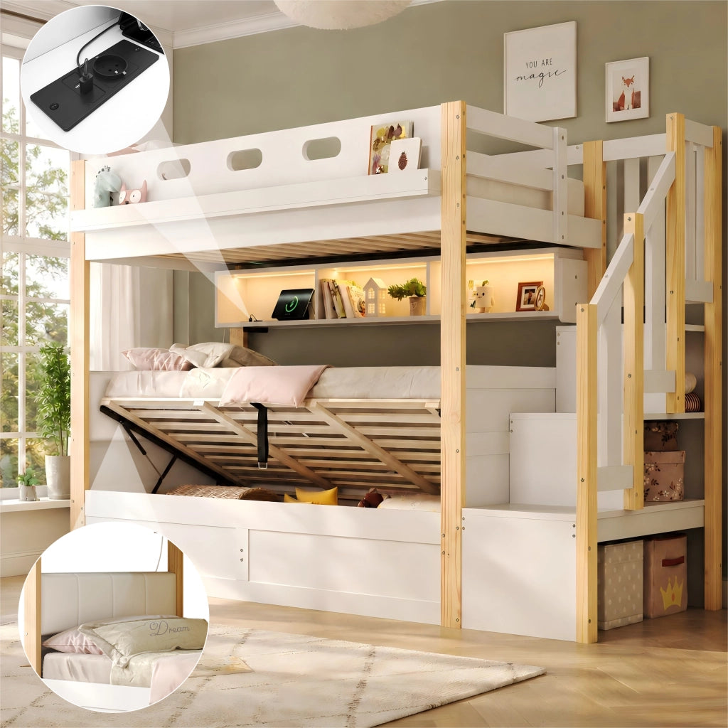 Letto a castello per bambini 90 × 200 cm con contenitore scala con vani LED USB e testiera imbottita bianco