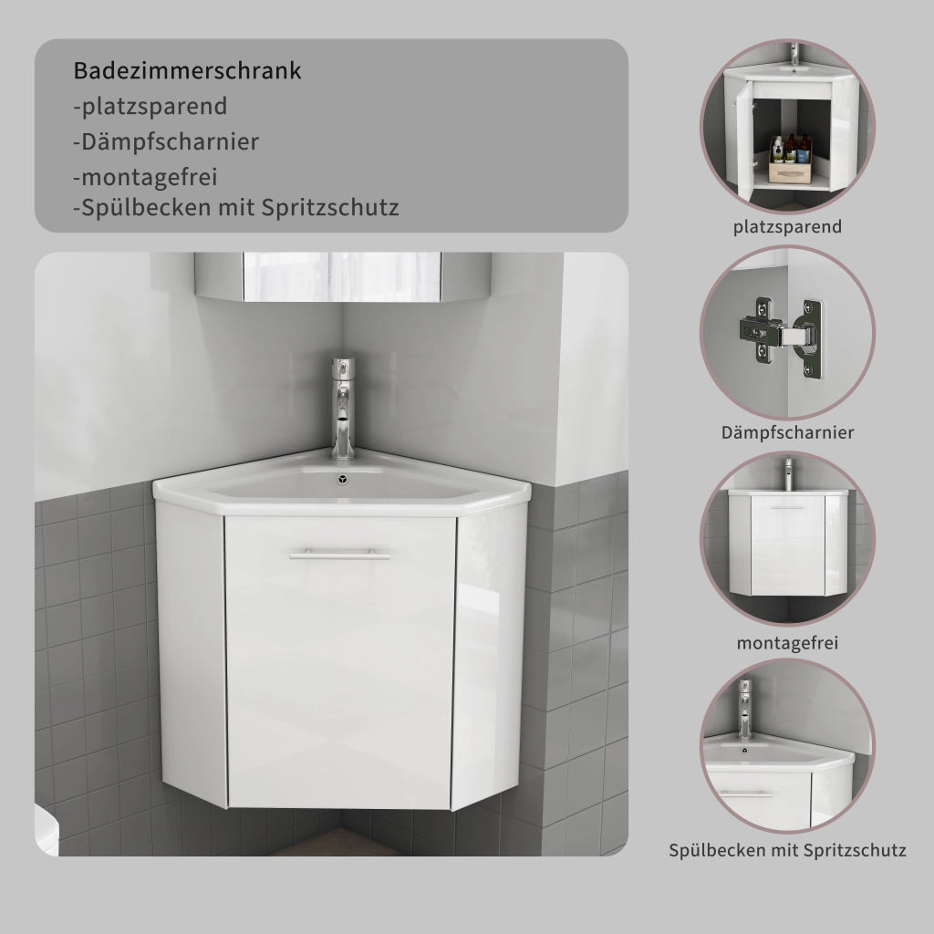 Mobile angolo bagno bianco lucido con lavabo in ceramica e paraschizzi, maniglie in metallo, cerniere ammortizzate, preassemblato