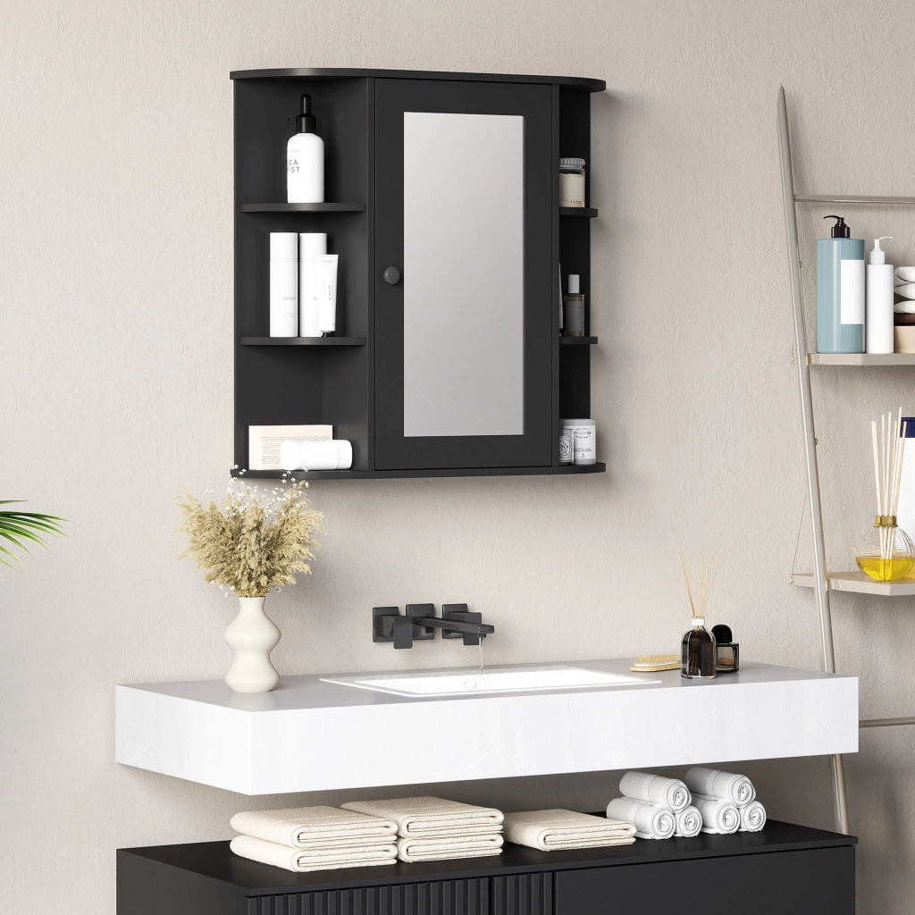 Specchiera Bagno con 6 Ripiani Aperti e 2 Chiusi, in Legno e Vetro, 66x17x63 cm, Nero