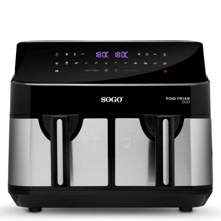 Friggitrice ad aria doppia 9L con 2 cestelli indipendenti, 12 programmi e temperatura 200°C 1750W per cucinare 2 piatti - Sogo
