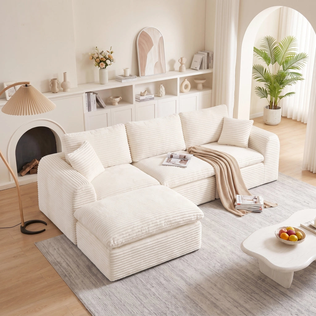 Divano modulare a 3 elementi configurabile con rivestimento in velluto a coste beige