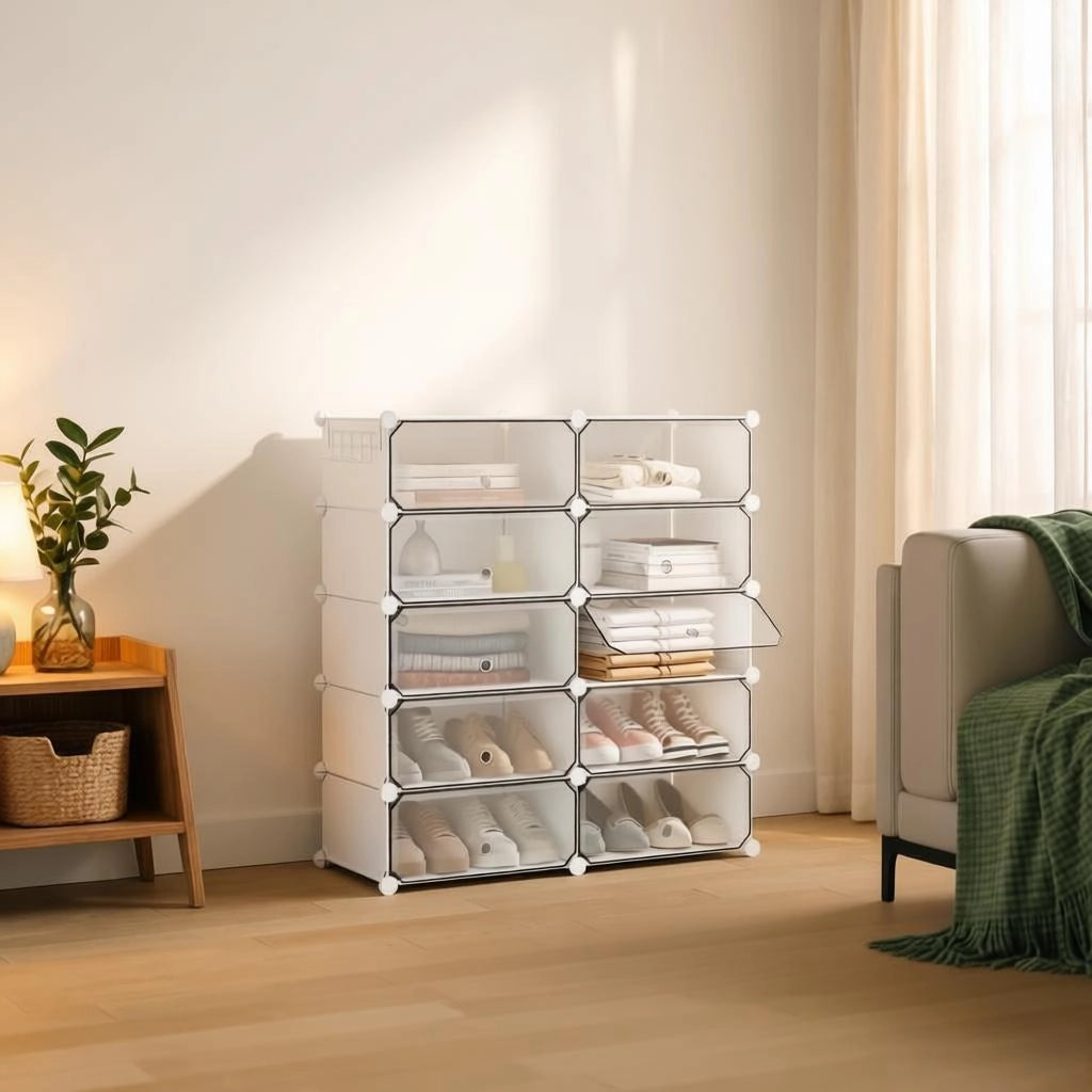 Scarpiera modulare con 10 scomparti e ante antipolvere per ingresso, in PP e metallo, bianca, 40 × 30 × 170 cm