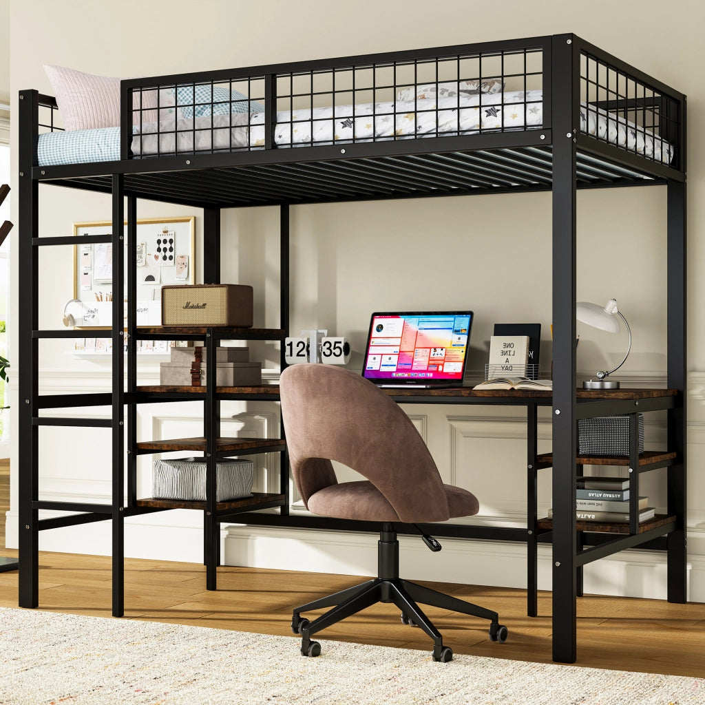 Letto a soppalco 90x200 cm con scrivania e scaffali; struttura in metallo nero e pannelli effetto legno scuro
