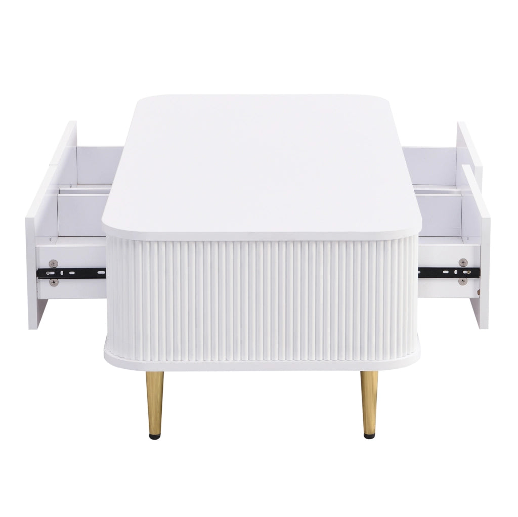 Tavolino da salotto moderno 105x51x38 cm in MDF bianco con 4 cassetti e dettagli oro