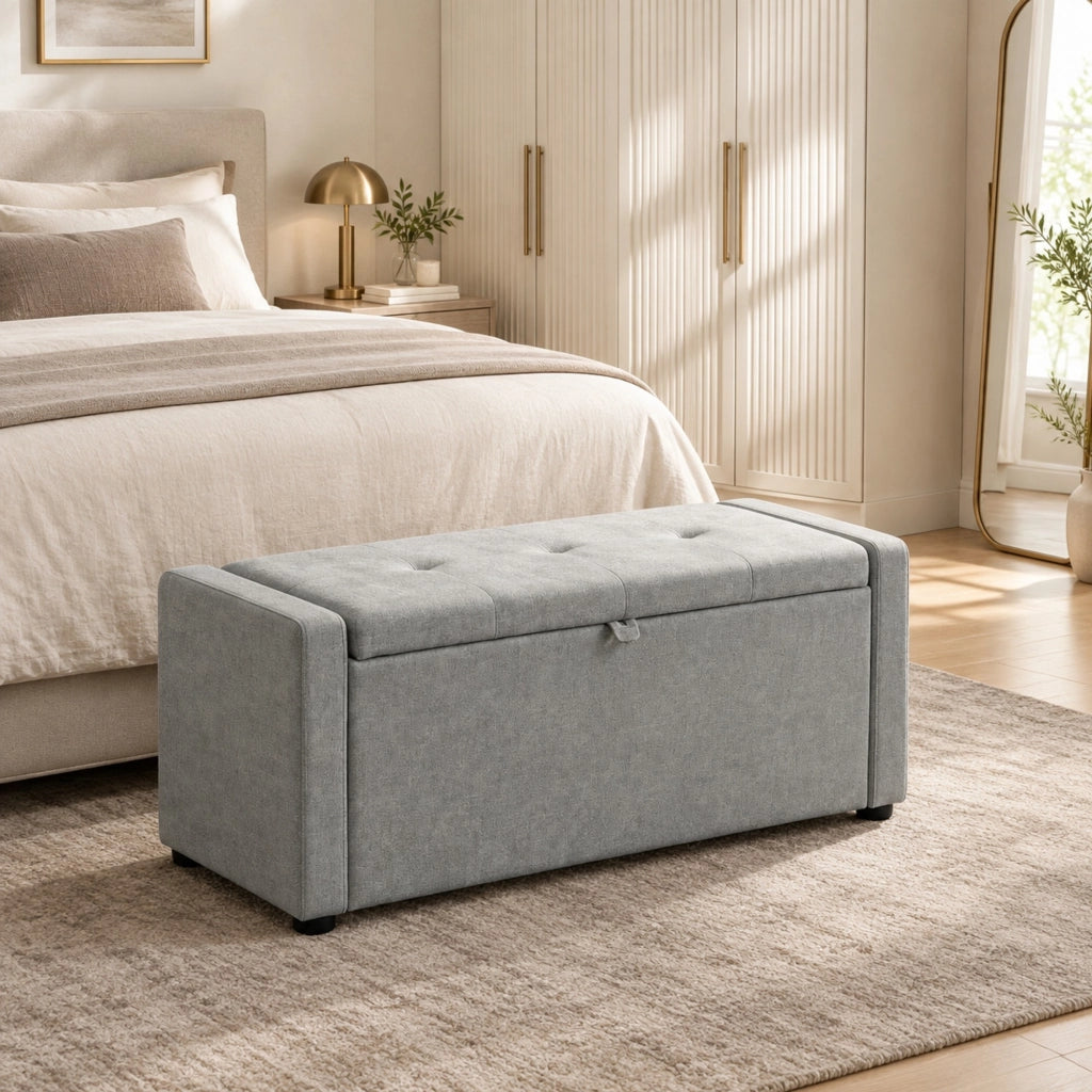Panca contenitore 122 cm con seduta imbottita e rivestimento effetto lino grigio chiaro
