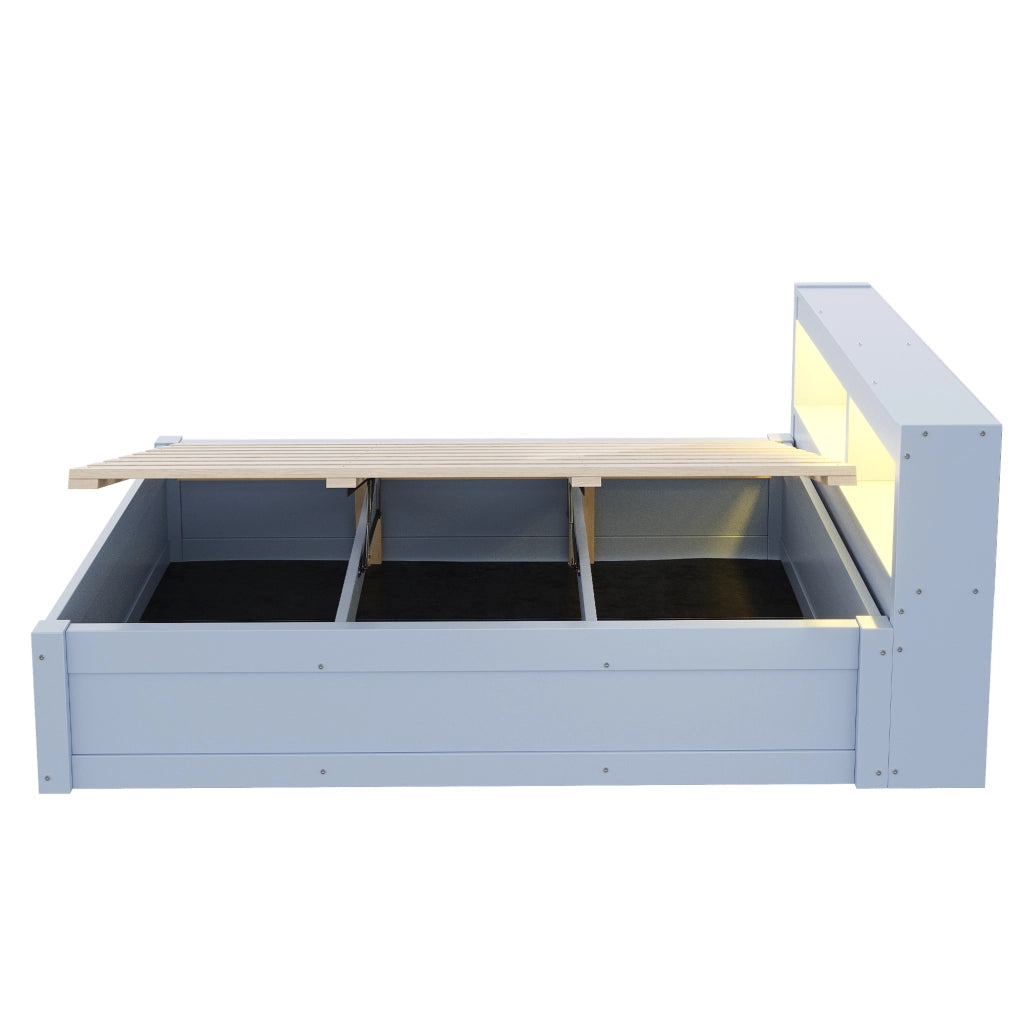 Letto singolo con contenitore 90 × 200 cm con testiera a vani; LED; presa integrata e sollevamento idraulico grigio