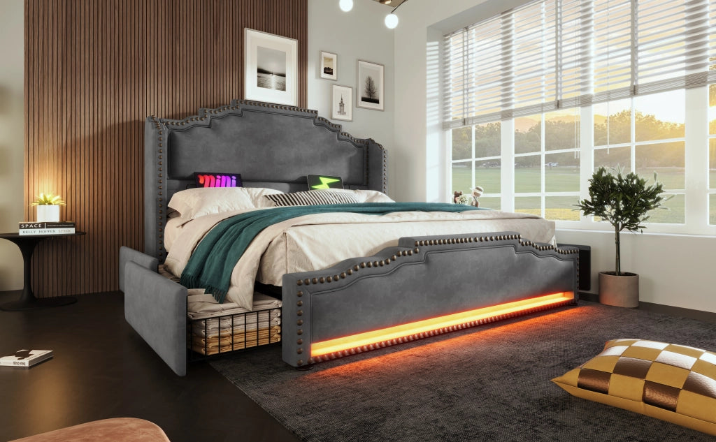 Letto contenitore matrimoniale 180 × 200 cm con 4 cassetti, LED, USB e USB-C, senza materasso, velluto grigio