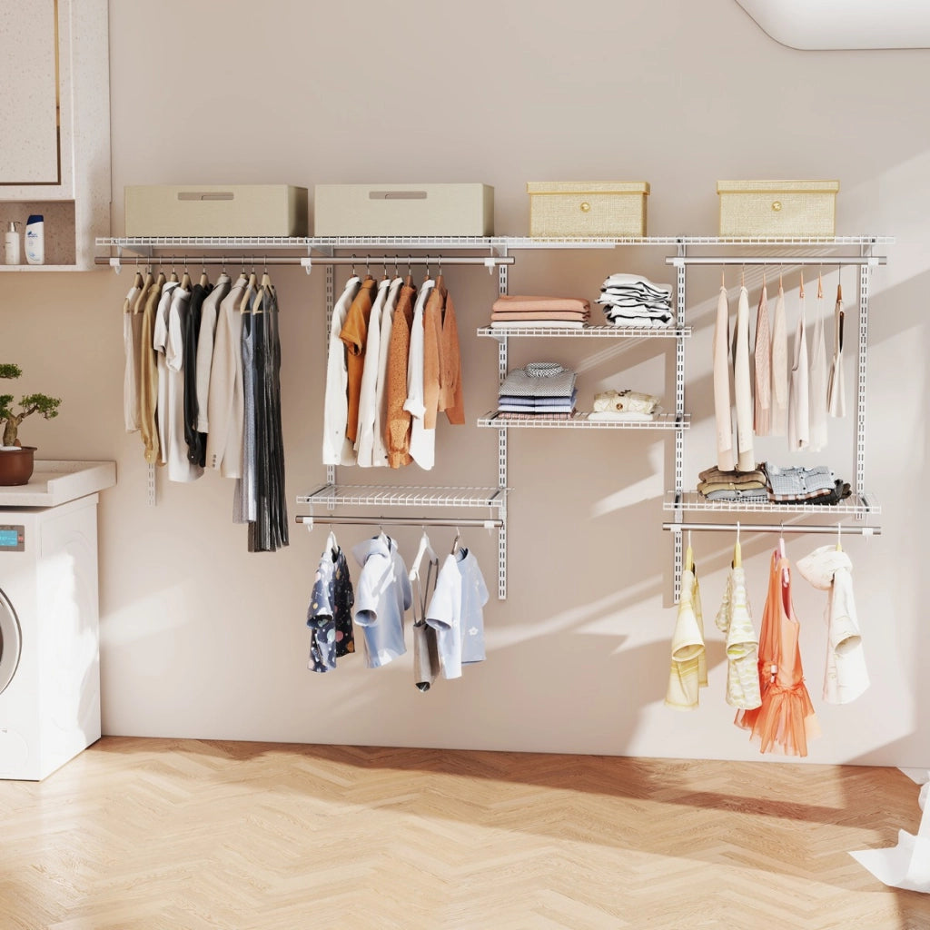 Sistema di organizzazione e stoccaggio armadi con asta pendente, Scaffali e aste per armadio a parete per camera da letto Bianco
