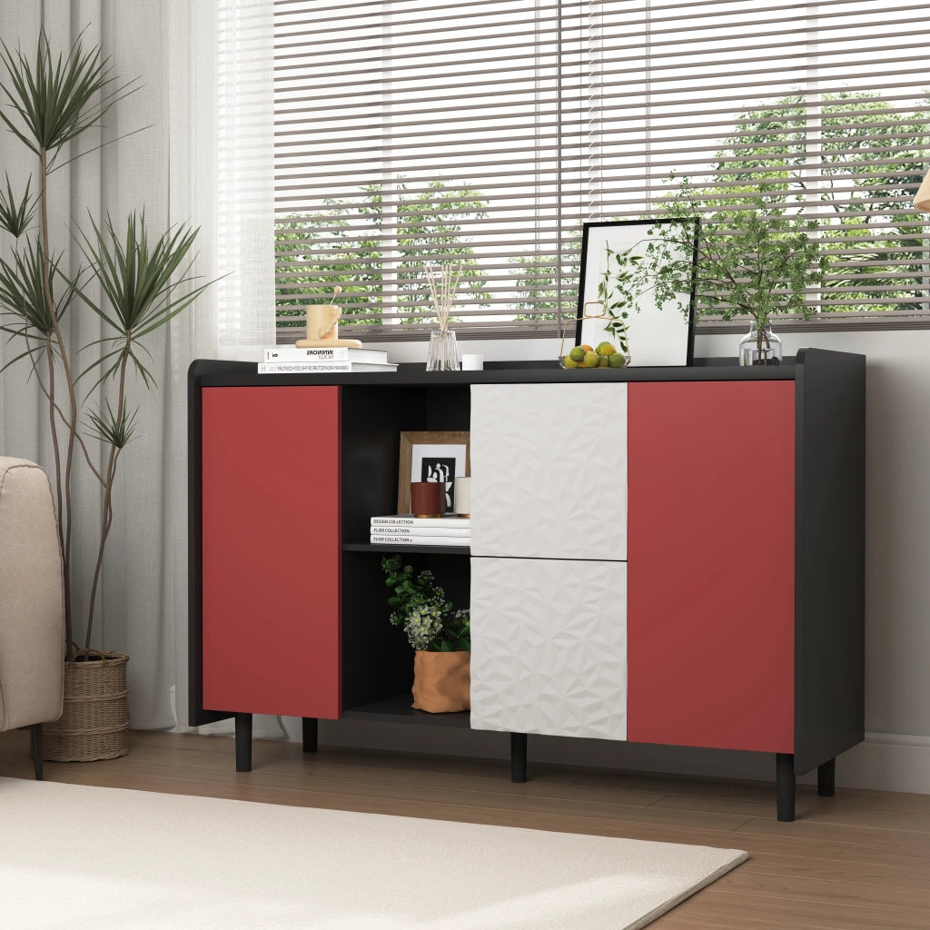 Credenza con 2 cassetti; vani aperti e armadietto chiuso in MDF nero e rosso 120 × 40 × 80 cm
