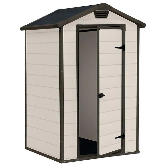Keter K240024 Manor 4x3 Casetta da Giardino in Resina Porta Singola Tetto a Due Falde Pavimento Incluso Lucchettabile colore Beige