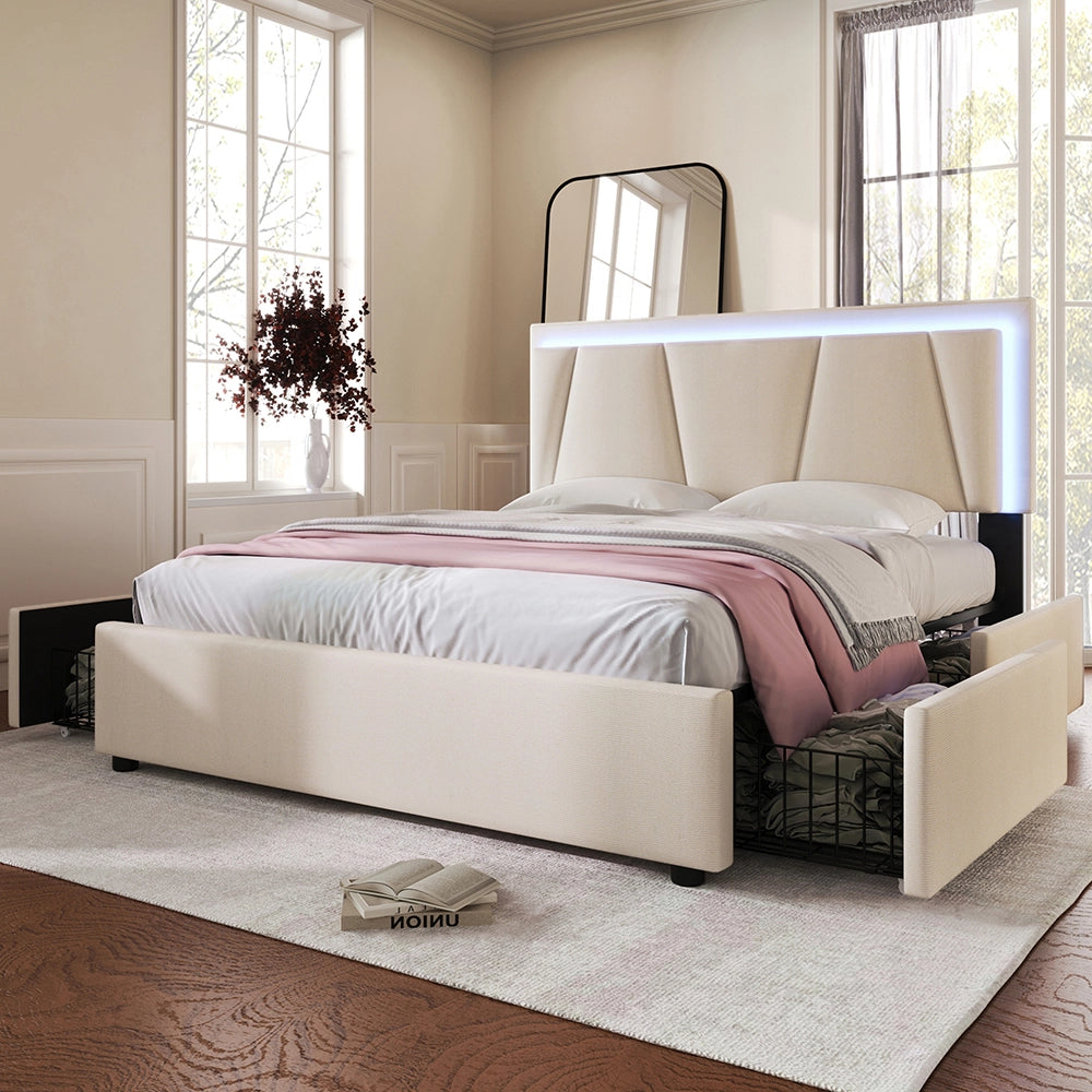 Letto singolo imbottito con LED e 2 cassetti - Xylo - 140x200cm - Beige