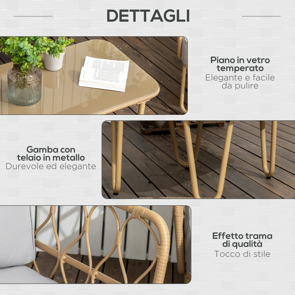 Set Salotto da Giardino in Rattan ¨C zephmum ¨C Divano 2 Posti, 2 Poltrone, Tavolino con Piano in Vetro