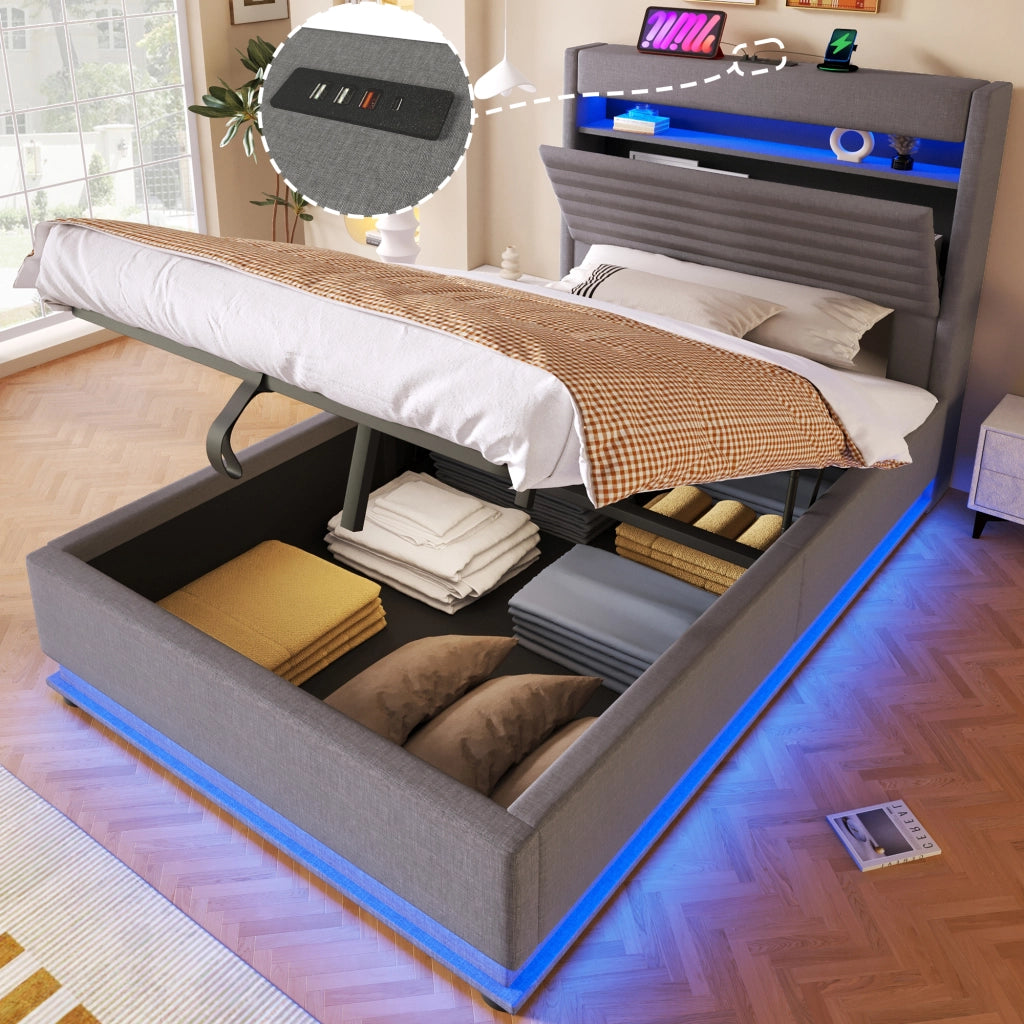 Letto contenitore 90 × 200 cm con LED; USB e porta Type-C; testiera imbottita in lino grigio