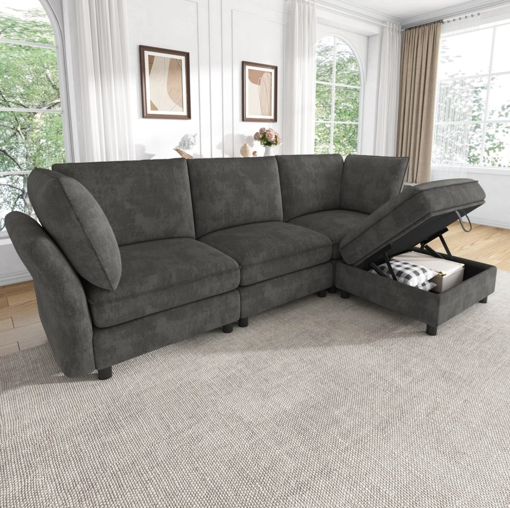 Divano modulare a L in ciniglia grigio con pouf contenitore; 225 x 137 x 84 cm