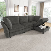 Divano modulare a L in ciniglia grigio con pouf contenitore; 225 x 137 x 84 cm