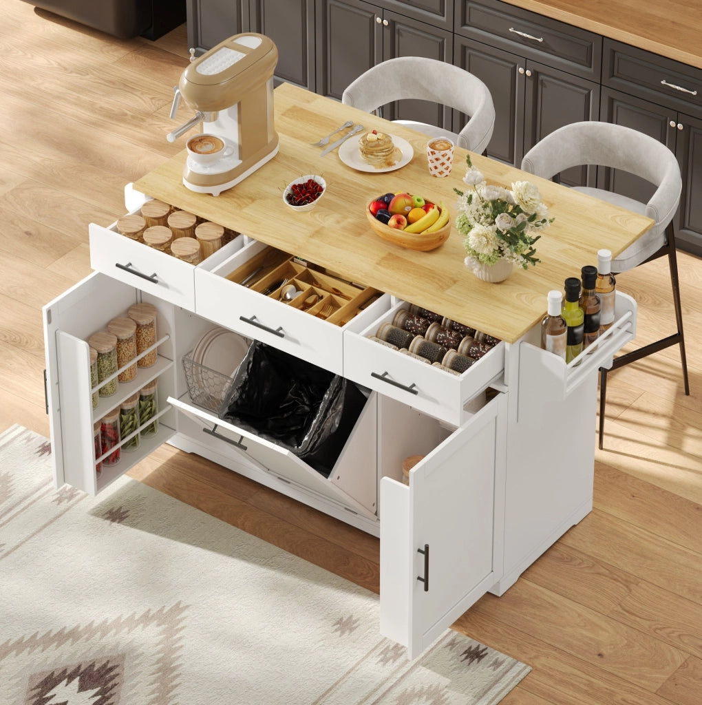 Isola cucina mobile 136x50(75)x92 cm con piano ribaltabile; prese USB e vano rifiuti HOMVRA