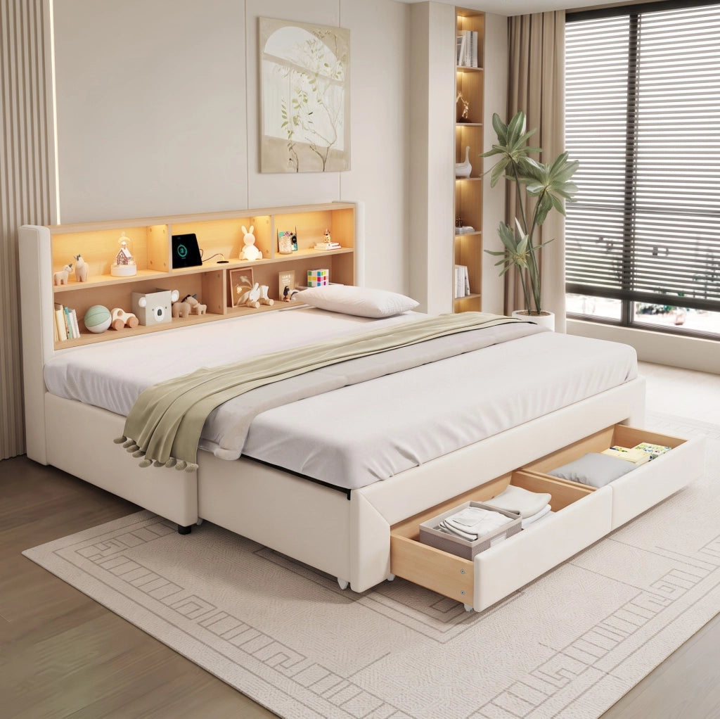 Letto divano allungabile 90x200 cm in velluto beige con 2 cassetti, senza materasso