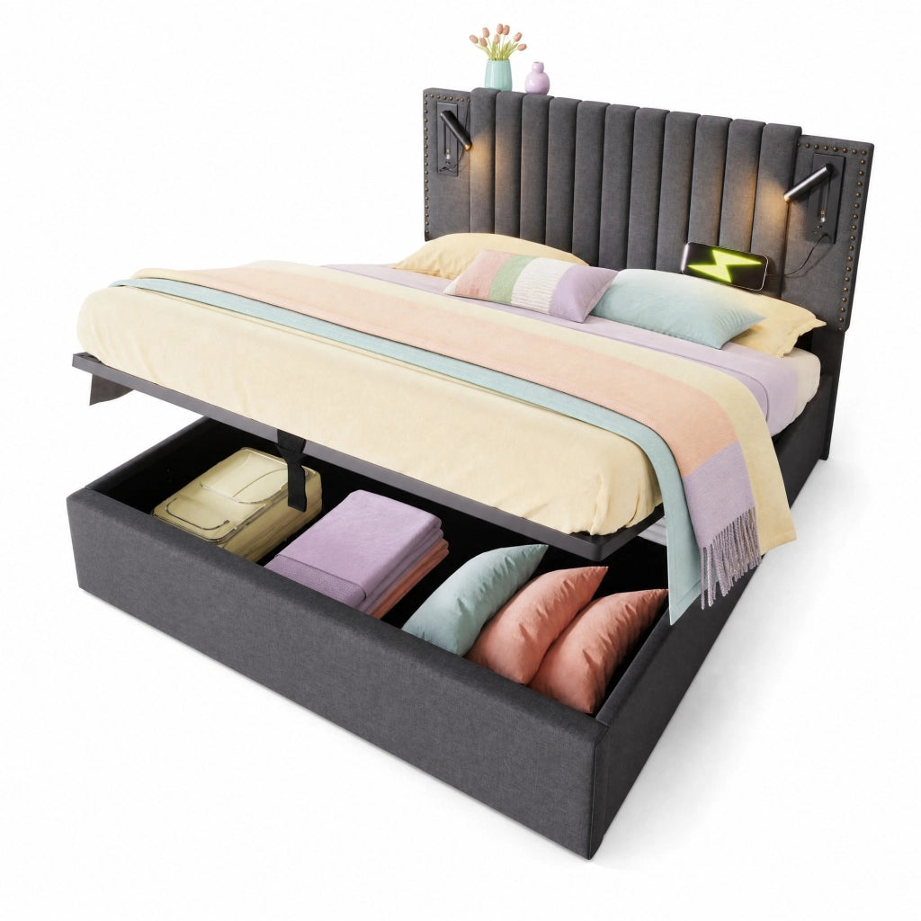 Letto matrimoniale contenitore 160 × 200 cm in cotone grigio con testiera regolabile luci USB e doghe