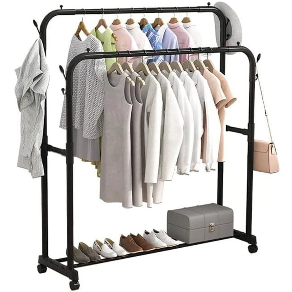 Trade Shop - Stand Appendiabiti Attaccapanni Abiti Stender Barra Doppio Con Ruote Freno Nero -