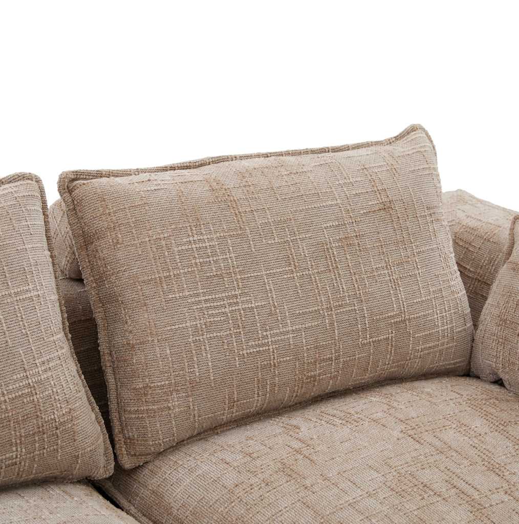 Divano modulare a 4 posti con 2 pouf, tessuto chenille kaki, cuscini, portabicchieri e tasche laterali