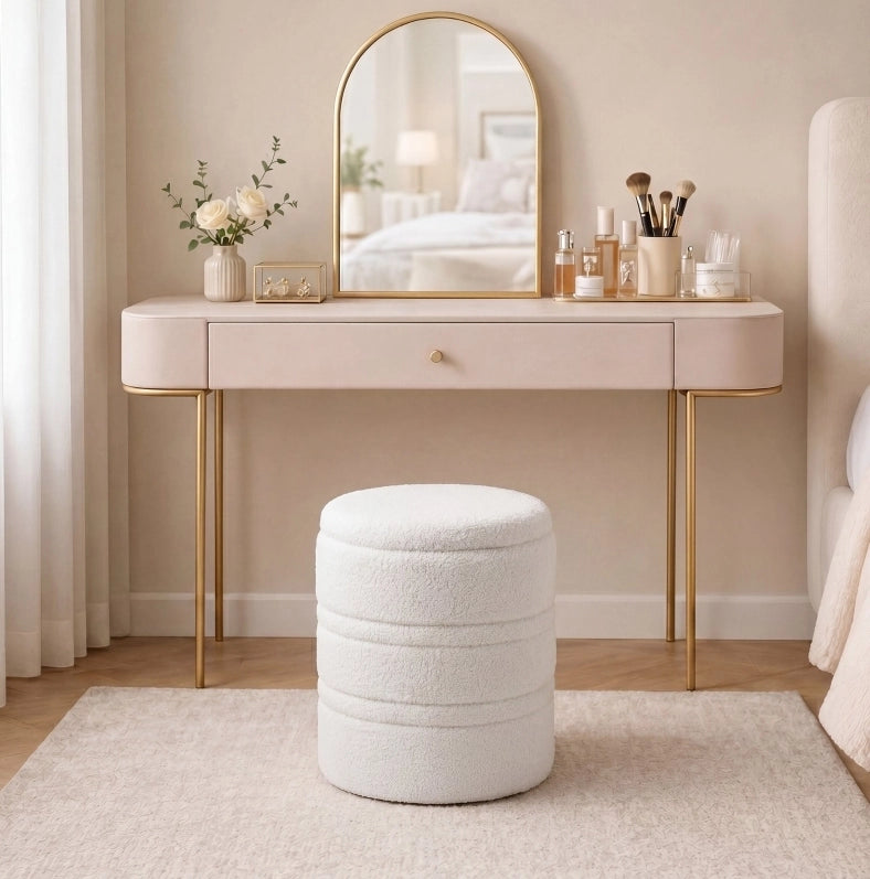 Pouf contenitore rotondo in tessuto Sherpa bianco, 33 L, per soggiorno e camera da letto