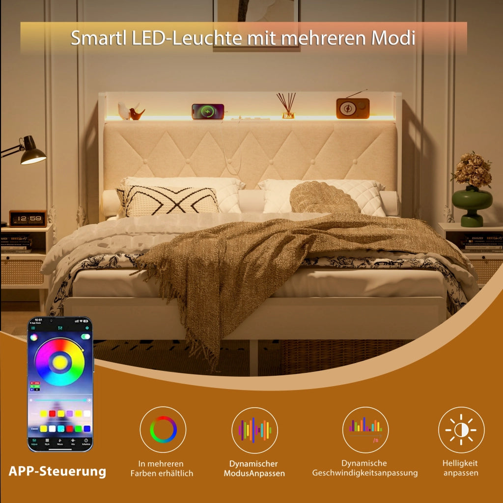Letto imbottito 140 × 190 cm con testiera LED e porta USB struttura in acciaio bianco