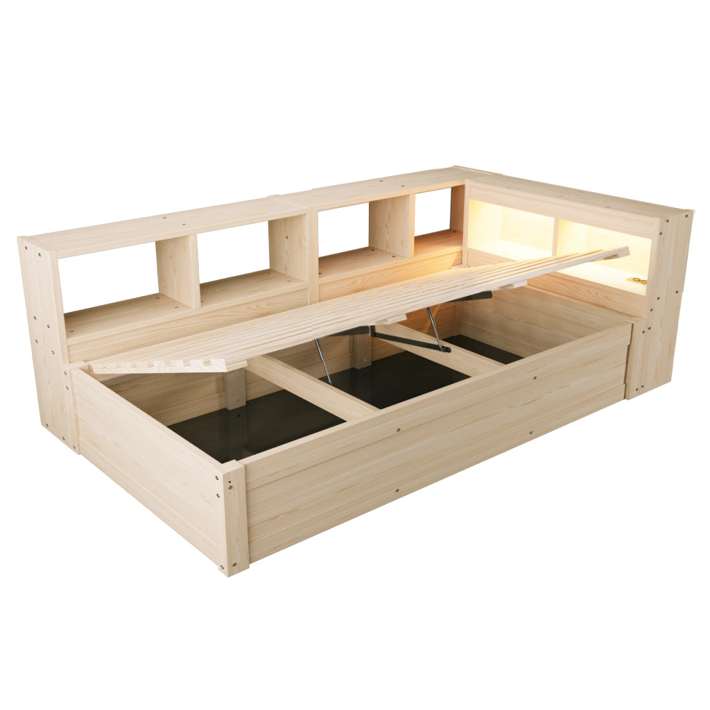 Letto singolo con contenitore 90 × 200 cm idraulico con vani; LED e presa integrata in legno naturale