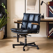 Sedia da ufficio in pelle con braccioli in legno, base girevole a 360° e ruote silenziose, struttura in metallo, colore nero
