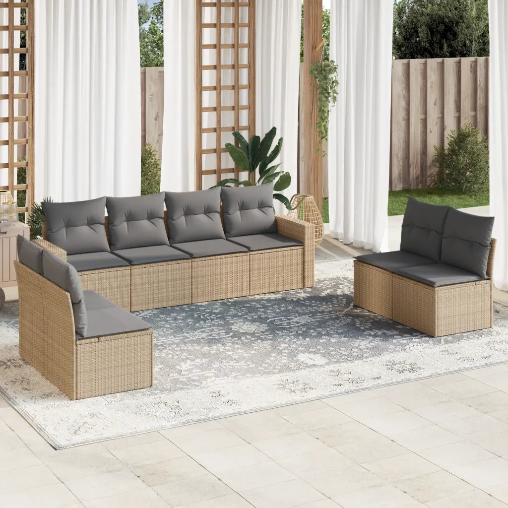 Set Divano da Giardino 9 pz con Cuscini Beige in Polyrattan