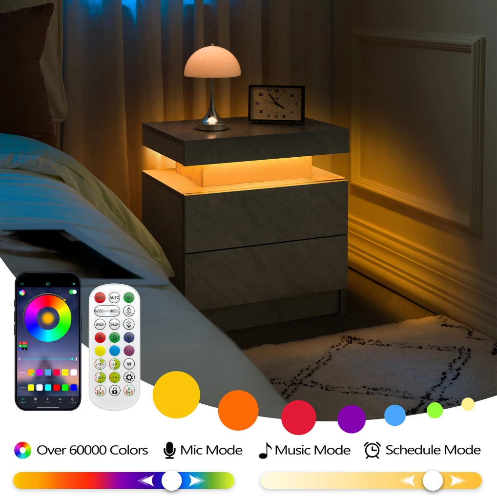 Comodino moderno con luci LED regolabili; 2 cassetti e vano a giorno in truciolare grigio scuro