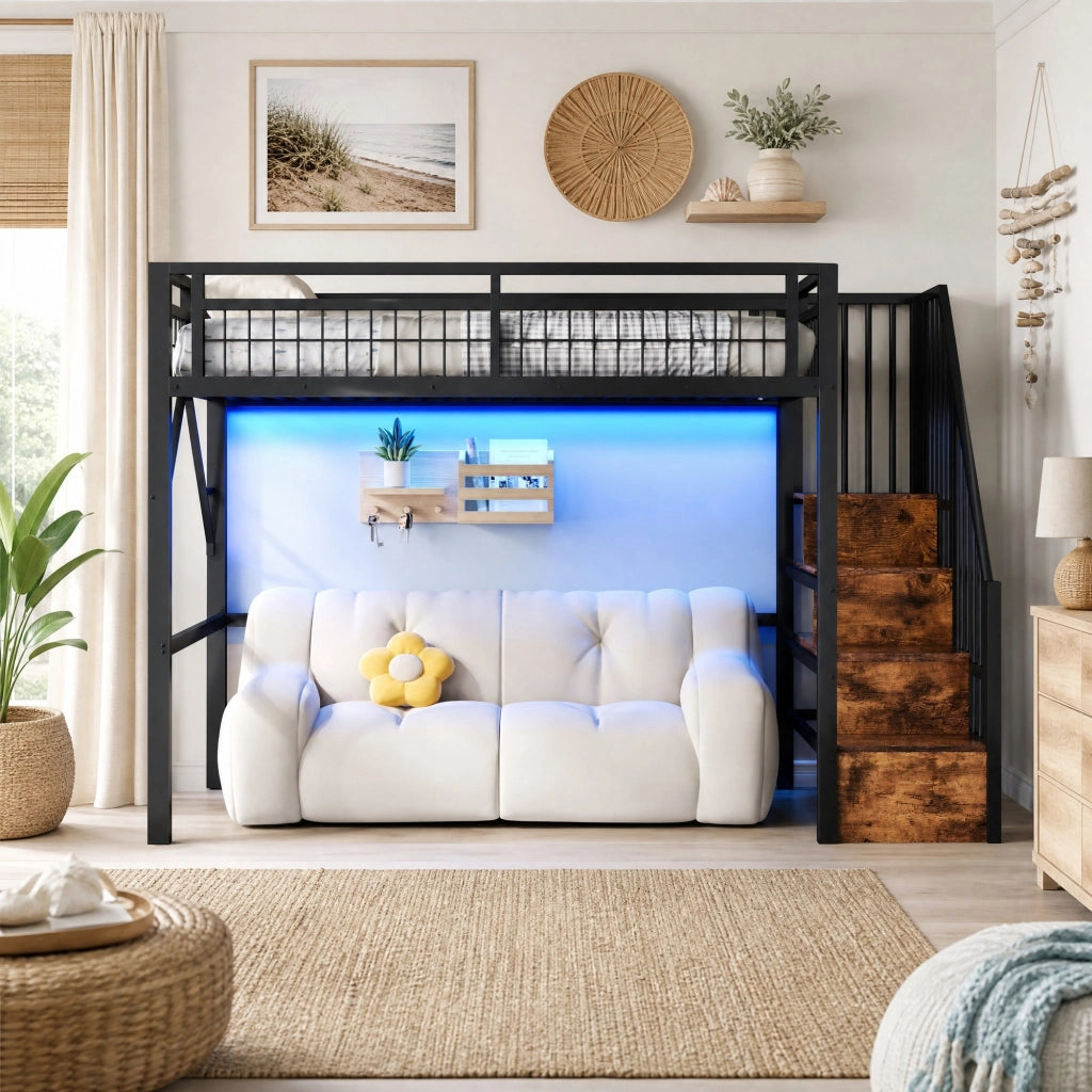 Letto a soppalco 90x200 cm con LED via app, scala contenitore in metallo e MDF nero