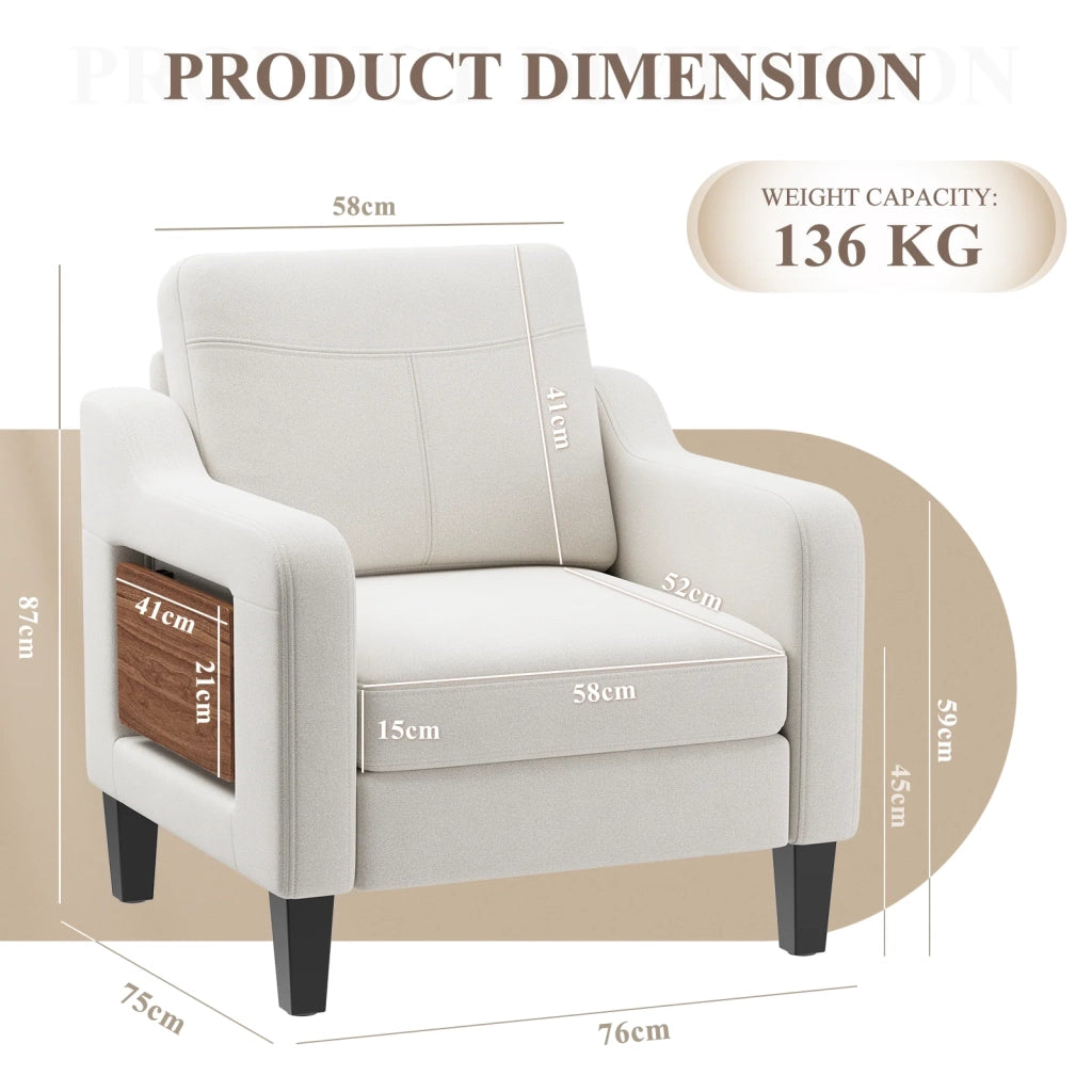 Poltrona moderna in tessuto di lino con tavolino pieghevole e vano portaoggetti laterale, seduta ergonomica con memory foam, versatile stile Mid-Century, facile da spostare