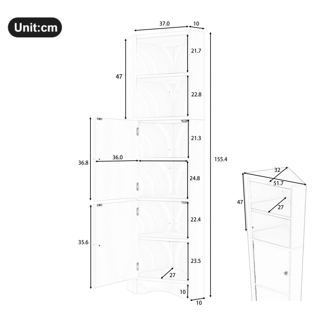 Mobile bagno angolare triangolare 51,7x32x155,4 cm in MDF bianco
