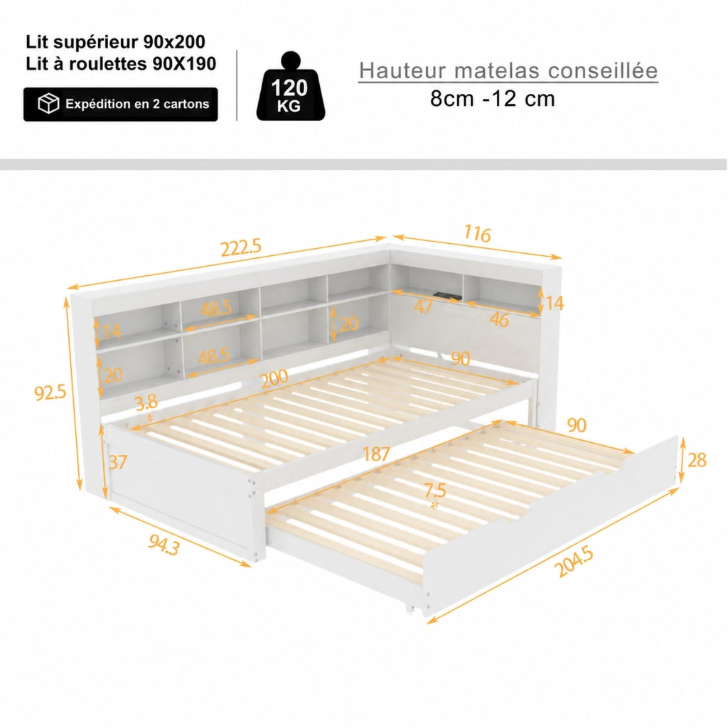 Letto singolo estraibile con presa USB e vani portaoggetti in legno bianco multifunzionale