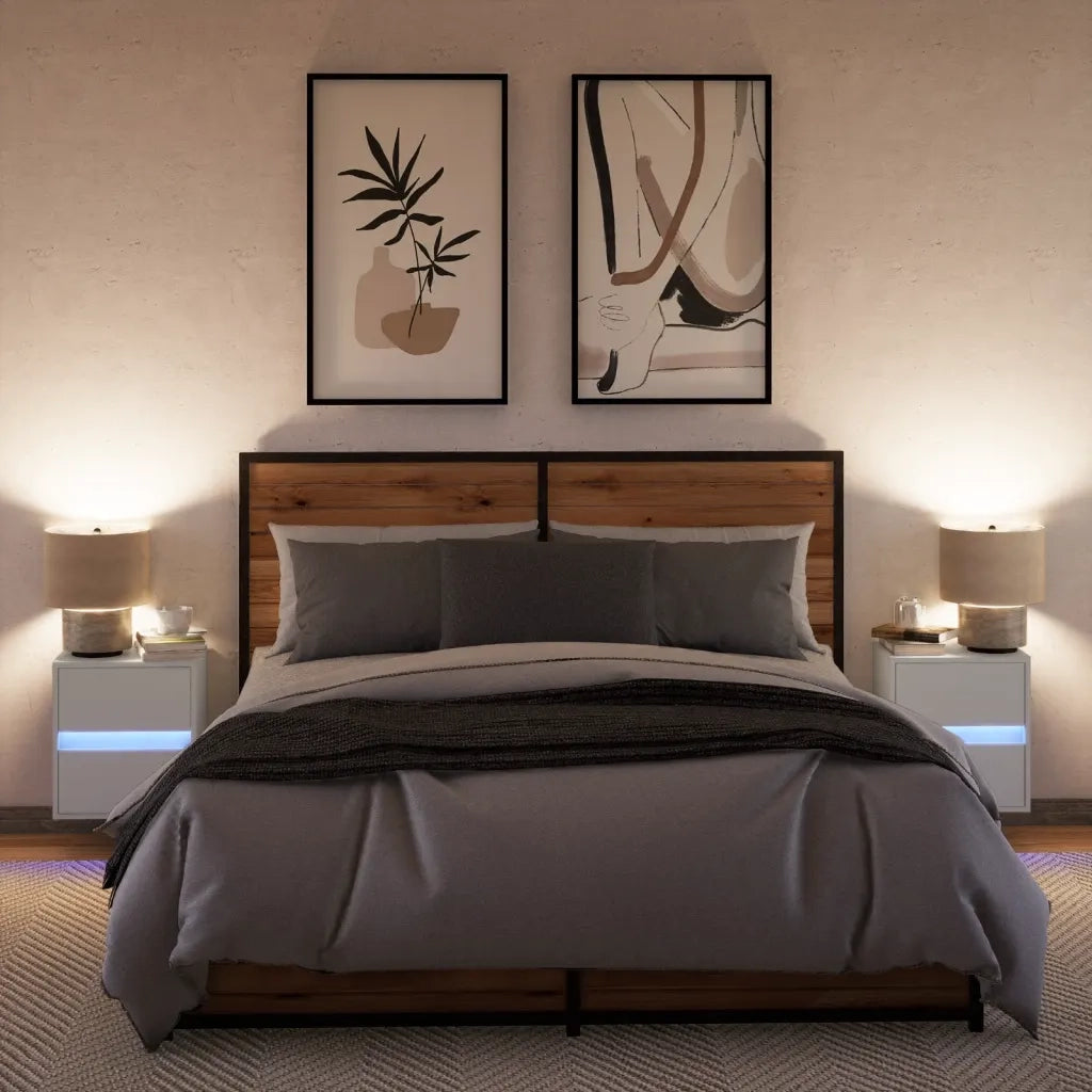 Set di 2 Comodini | Armadio da Notte | Mobiletto da notte a Parete con Luci LED Bianchi