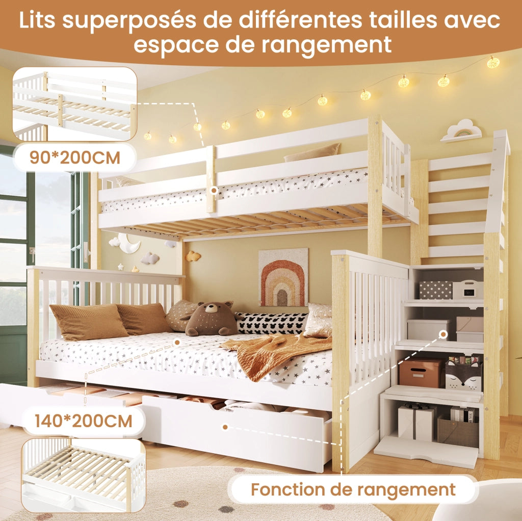Letto a castello in pino massello 90x200/140x200 con cassetti e spazio salvaspazio, bianco e naturale, senza materasso