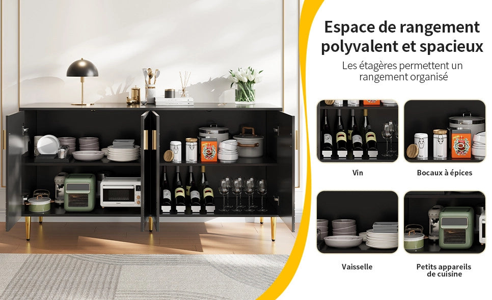 Sideboard nero in MDF 152x40x75 cm con design ondulato, maniglie e piedi dorati per zona pranzo elegante