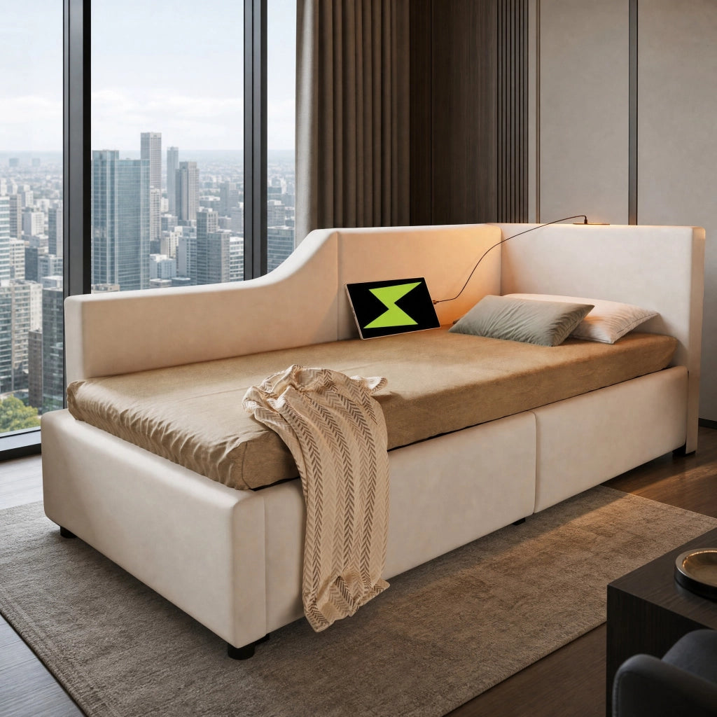 Letto singolo imbottito 90 × 200 cm con contenitore idraulico velluto beige luce da lettura e ricarica USB-C