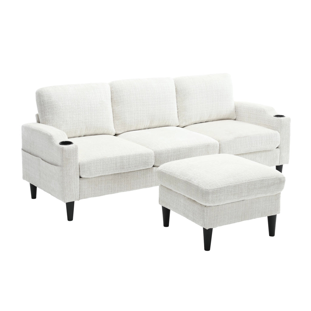 Divano 4 posti con pouf contenitore e portabevande in tessuto chenille beige