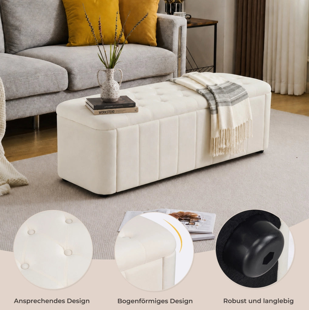 Panca contenitore imbottita in velluto beige con seduta removibile e trapuntatura